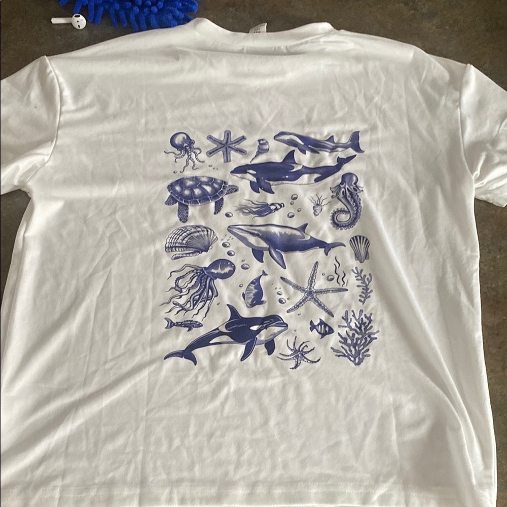 White T-Shirt with Blue Ocean Print